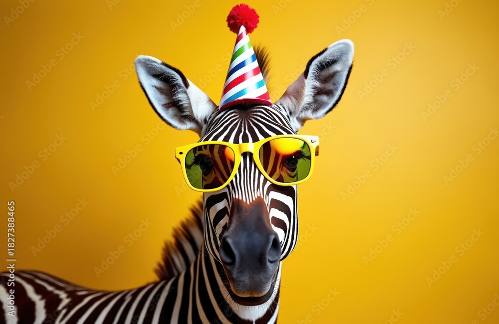 Naklejka premium Zebra wears party hat and sunglasses against yellow background. Animal is ready for celebration, looking festive and fun. It is a cheerful image for various events and themes.