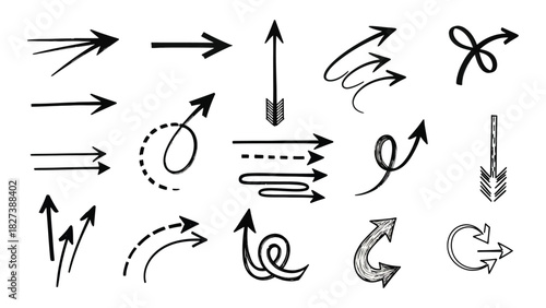 Hand drawn arrow silhouettes collection isolated on white background, Vector