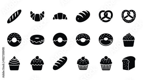 Bakery food silhouettes icon set isolated on white background, Vector