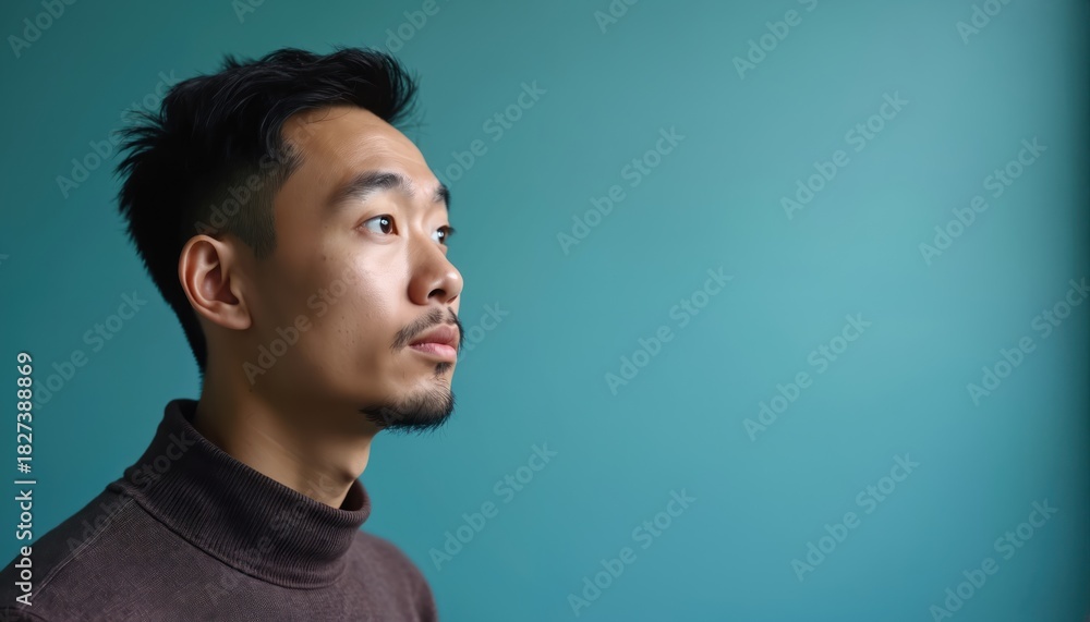 Fototapeta premium Asian man looks aside with thoughtful expression. Guy wears turtleneck sweater. He is in studio against blue background. Empty space for text.