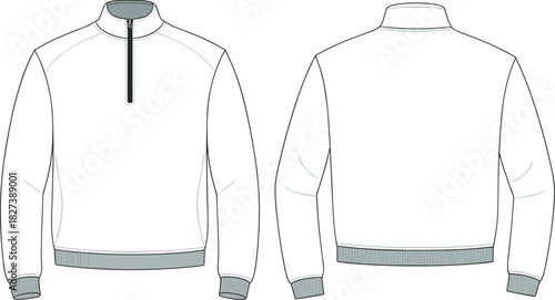 “Technical CAD drawing of half-zip pullover sweatshirt with front and back view, clean flat vector illustration for apparel design presentation”