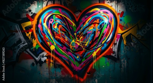 Vibrant graffiti heart art with dripping paint and abstract background