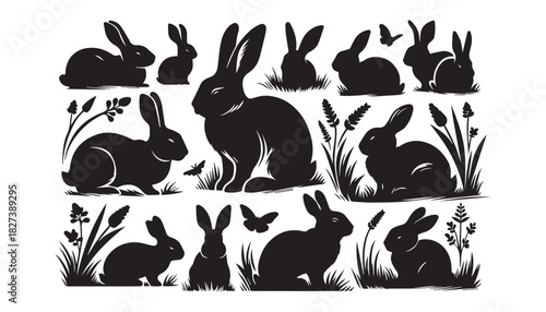 black color bunny set animal silhouette vector illustration, solid white background