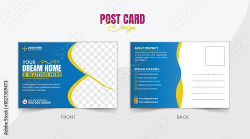 Modern Real Estate Postcard Template Design for Home Sale. Minimalist Corporate Real Estate Promotional Postcard