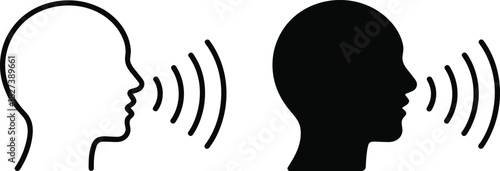 “Human speaking icon with sound waves in outline and solid style for communication design, cad drawing flat vector illustration”