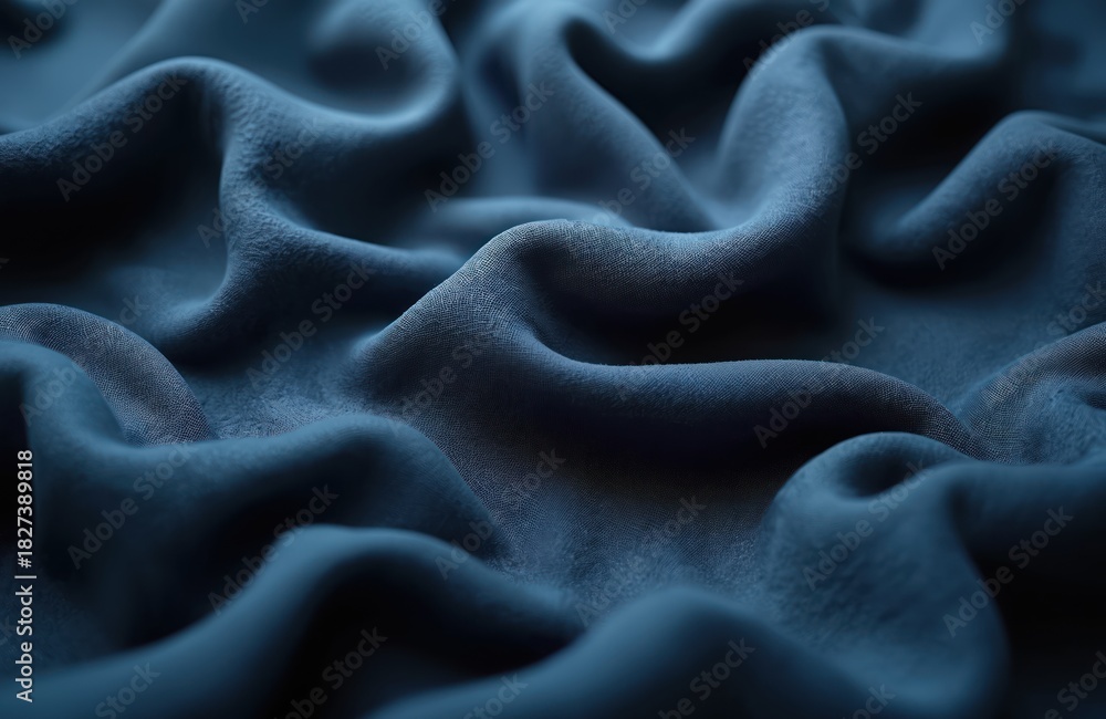 Obraz premium Dark blue textured fabric background with soft waves and creases. This textile surface offers a deep color and rich pattern. It is smooth with a visible subtle weave, suitable for design projects.