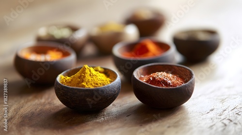 Fototapeta Naklejka Na Ścianę i Meble -   An artistic arrangement of spice cups on a wooden table from an overhead perspective.