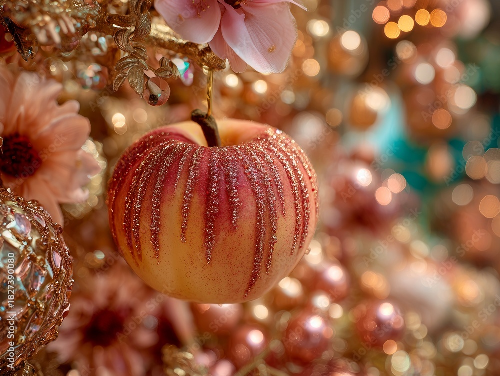 Obraz premium Detailed Macro View of a Ribbed Apple Ornament Embellished with Glitter Stripes Surrounded by Luxurious Bokeh and Floral Decor
