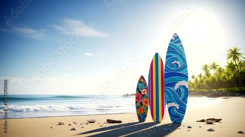 Seaside serenity: Colorful surfboards against tranquil ocean backdrop with palm trees and clear