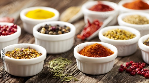 Fototapeta Naklejka Na Ścianę i Meble -   An artistic arrangement of spice cups on a wooden table from an overhead perspective.