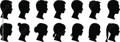 “Collection of diverse male and female head silhouettes in profile view, black vector illustration set for design, branding, and identity concepts – cad drawing flat vector illustration”