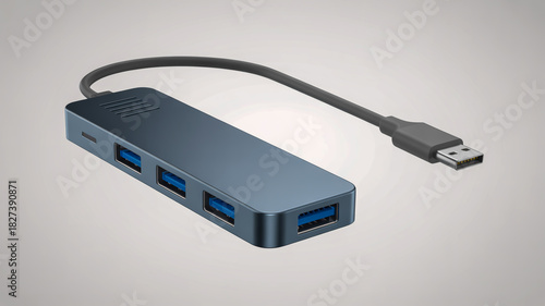 Realistic 3d rendering of a dark blue usb 30 hub with four ports and cable