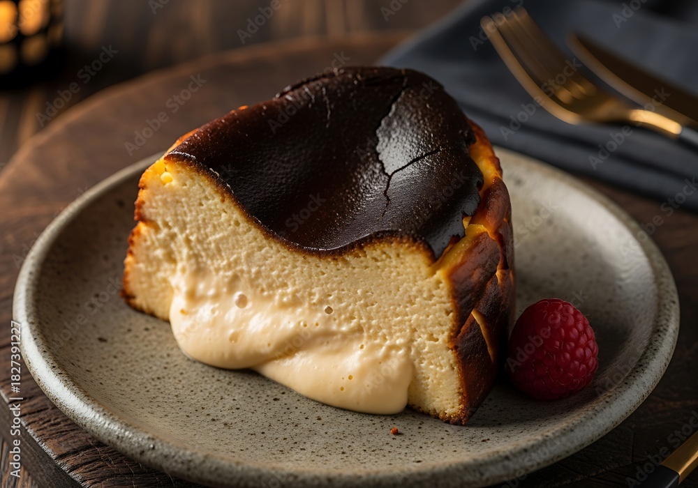 Obraz premium Close up of a slice of san sebastian cheesecake on a plate with a raspberry and golden cutlery. バスクチーズケーキ