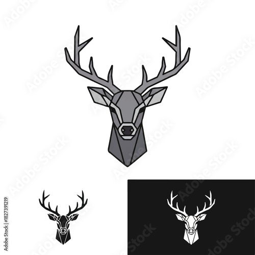 Geometric deer head logo design featuring angular facets and monochrome styling.