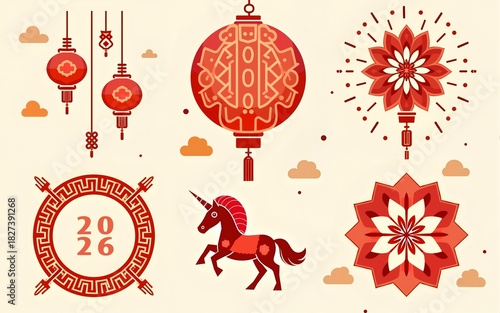 Chinese New Year 2026 element vector set. Year of the horse design. Lanterns, horse, firework, frame, pattern, cloud, coin, flower, pattern. Icons of Asian Lunar New Year holiday decoration.