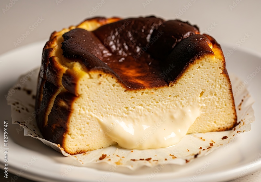 Obraz premium A close up of a san sebastian cheesecake with a gooey center on a white plate with parchment paper. バスクチーズケーキ