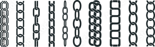 Set of various chain links and chain patterns on white background