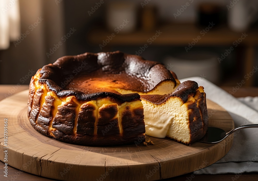 Naklejka premium A san sebastian cheesecake with a slice cut out on a wooden board with a serving spoon nearby. バスクチーズケーキ