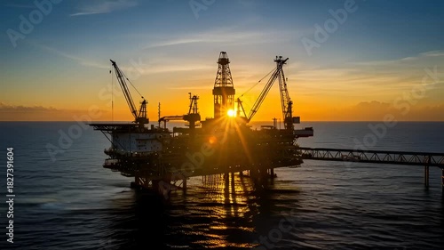 Stunning offshore oil rig silhouetted against vibrant sunrise over tranquil ocean