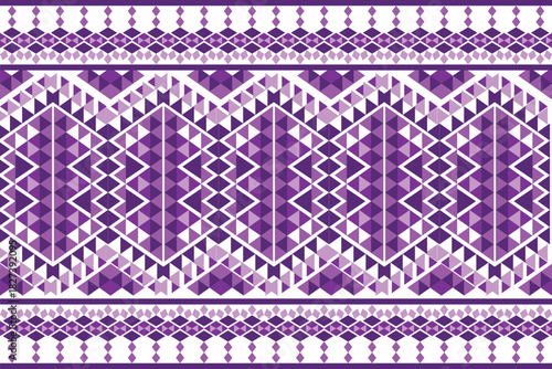 A complex geometric textile band design composed of repeating triangles and diamond shapes in various shades of vibrant purple, creating a large, intricate central zigzag or woven lattice.