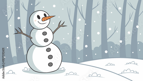 A cheerful snowman stands in a snowy winter landscape, surrounded by bare trees and falling snowflakes.