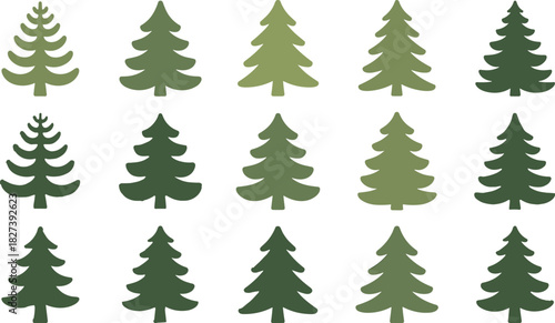 “Flat vector illustration of stylized evergreen trees, simple pine tree silhouettes, minimal forest icons for nature design, CAD drawing aesthetic”