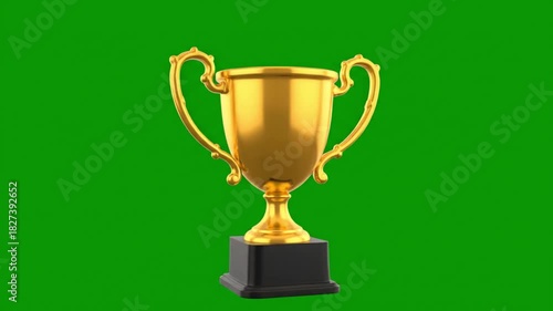 3D Golden Trophy Cup Rotating Loop on Green Screen, Championship Award, First Place Winner Prize, Gold Star Reward, Sport Victory Celebration, Chroma Key Background