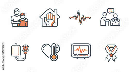 Healthcare And Family Care Icons Set. Health, Home, Monitoring, Medical Staff, And Recognition Symbols