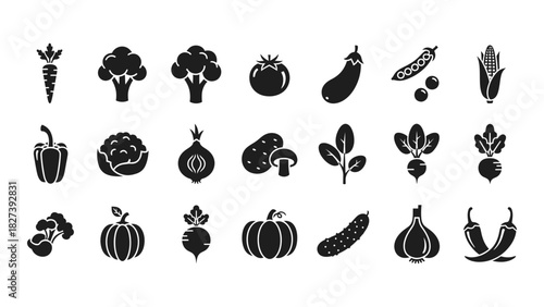 Assorted vegetable silhouette icons isolated on white background, Vector