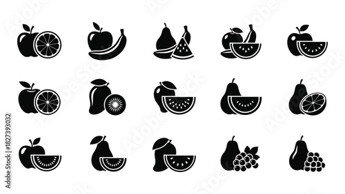 Assorted fruit silhouette icons isolated on white background, Vector