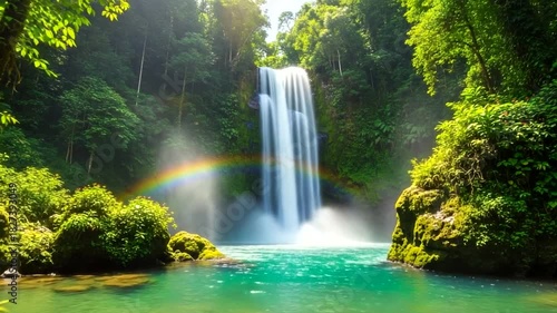 Serene waterfall cascades amidst lush jungle foliage, a tranquil paradise of nature's beauty
