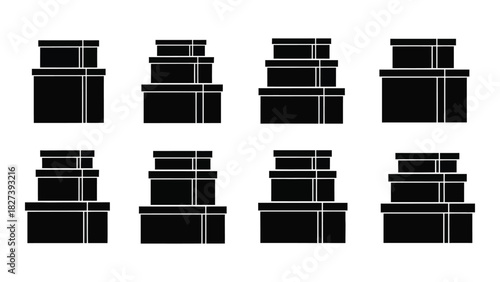 Black silhouettes of stacked gift boxes isolated on white background, Vector