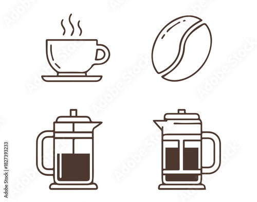 Steaming coffee cup with bean and French press for brewing delicious morning beverage