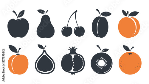 Collection of fruit silhouettes and icons isolated on white background, Vector