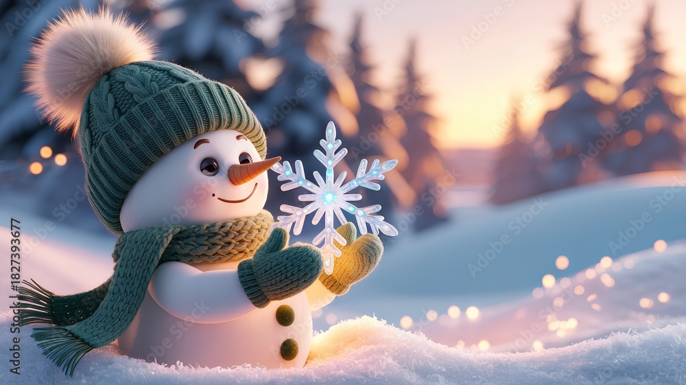 Fototapeta premium Luxurious and whimsical Christmas illustration of a smiling cartoon snowman with glowing snowflake, delicate falling snow, cinematic lighting, and minimal text area.