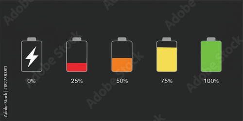 Battery Level Icons – Power Indicator Set Showing 0%, 25%, 50%, 75%, 100% Charge Levels, Energy Status Symbols for UI, Mobile App Design, Dashboard, Device Monitoring, and Tech Interface Graphics
