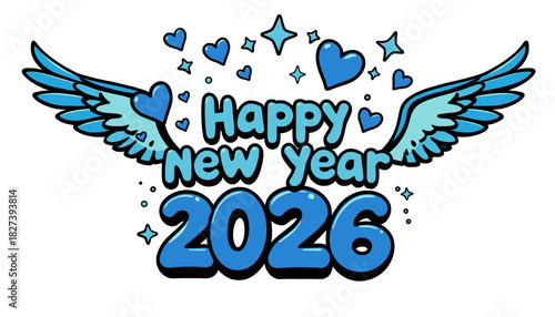 happy new year 2026 with blue hearts, stars, and angel wings on a transparent background. Happy new year vector illustration.