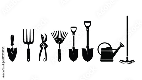 Gardening tools silhouette set isolated on white background, Vector