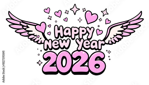happy new year 2026 with angel wings, hearts, and stars in a cute cartoon style