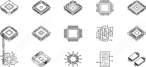 Microchip Icon Set – High-Quality Processor, CPU, Circuit Board, Semiconductor, Electronic Chip, Hardware Component, Tech Engineering Line Icons for Digital Design, UI, UX, and Tech Illustration