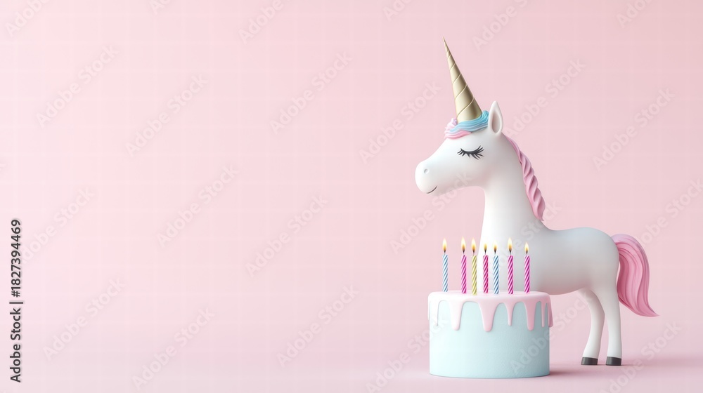 Naklejka premium Cute and Cartoon Unicorn A cartoon unicorn wearing a party hat and blowing out candles on a birthday cake.