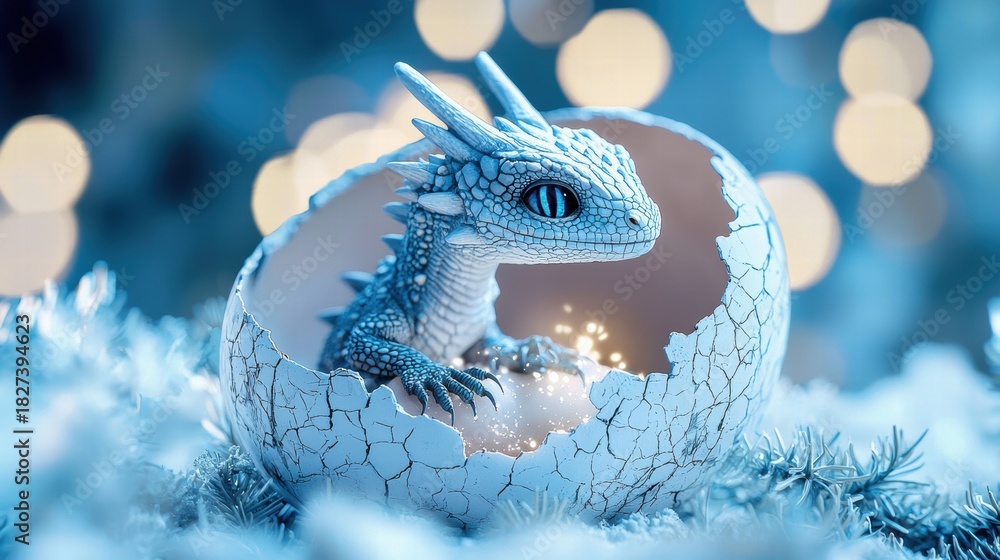 Naklejka premium Dragon Egg and Hatchling A tiny dragon hatchling emerging from a cracked egg, its eyes wide with curiosity, new life and wonder.