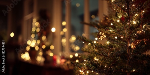 Cozy Christmas: A beautifully lit Christmas tree sparkles, with gentle bokeh lights enhancing the festive mood and joy of the season.