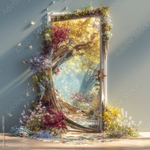 Enchanted doorway to the natural realm: A whimsical scene unfolds where a doorway adorned with vibrant flora becomes a portal, offering a breathtaking glimpse into a flourishing woodland area.