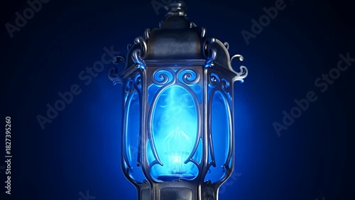 Gothic lantern emitting mystical blue light with swirling smoke effect