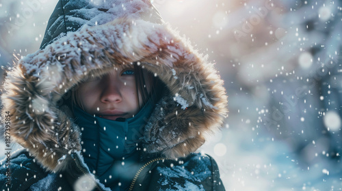 Young woman with fur hood standing in snow during winter