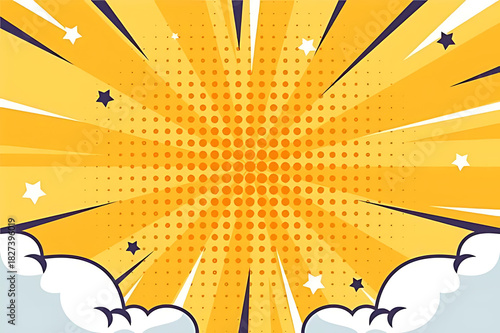 Yellow comic book burst with stars and clouds Keywords: comic, burst, yellow, background, pop
