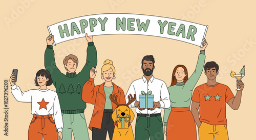 Colorful illustration of diverse friends celebrating New Year with party hats, gifts, decorations, and a festive banner, capturing joyful holiday spirit and cheerful seasonal celebration.
