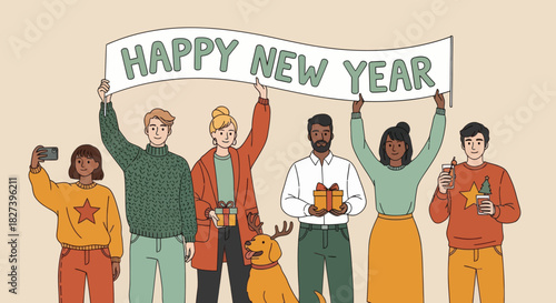 Colorful illustration of diverse friends celebrating New Year with party hats, gifts, decorations, and a festive banner, capturing joyful holiday spirit and cheerful seasonal celebration.