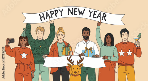 Colorful illustration of diverse friends celebrating New Year with party hats, gifts, decorations, and a festive banner, capturing joyful holiday spirit and cheerful seasonal celebration.
